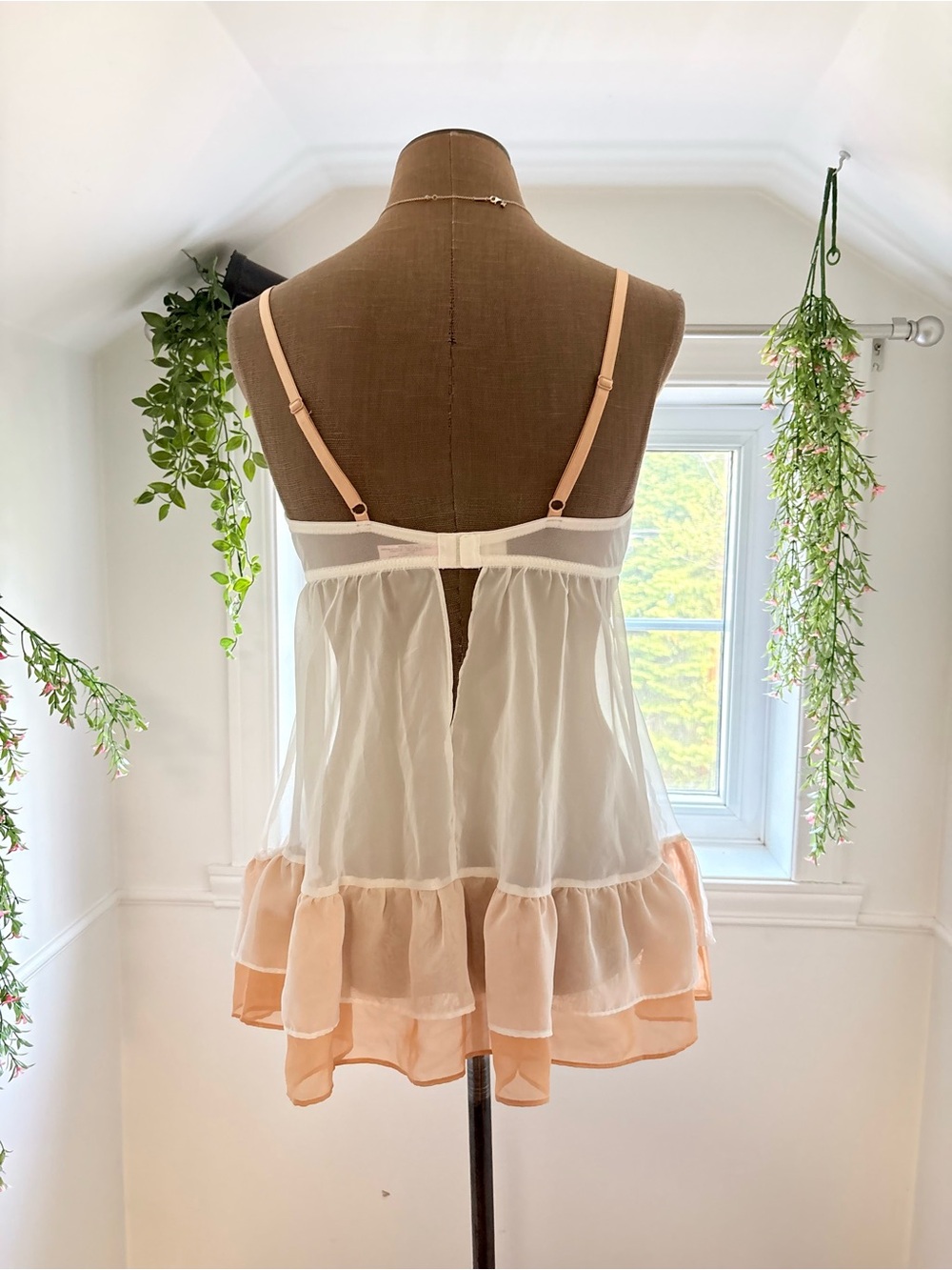 Sheer Lace Trim Babydoll Slip - Tan & Cream - Picture 3 of 5